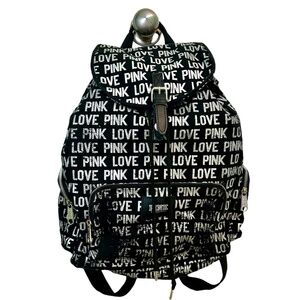 Backpack by PINK Black with Silver LOVE PINK Black Straps 3 Outer Pockets Canvas